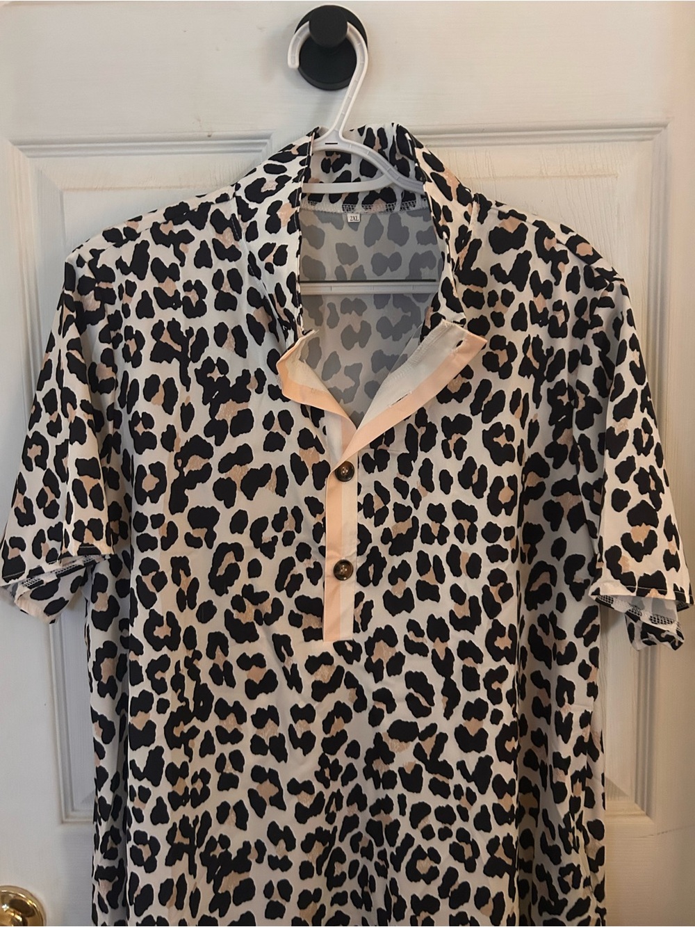 Leopard Print Short-Sleeve Polo Dress- Black & Cream, Size 2XL